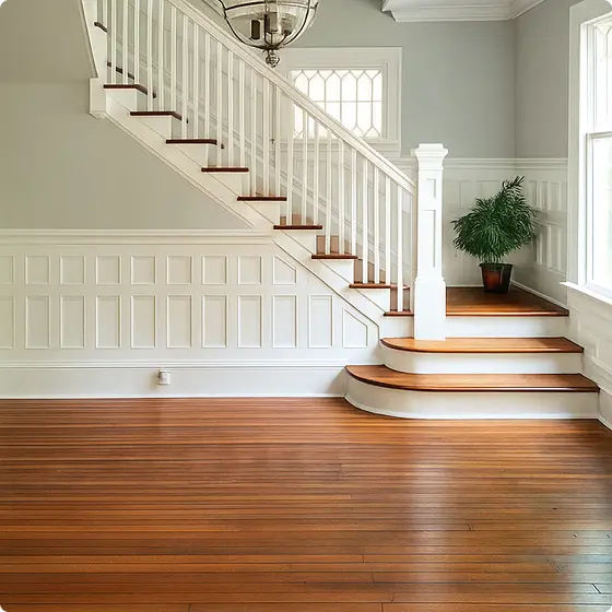 An elegant wooden staircase with white wainscoting and balusters in a bright entryway.