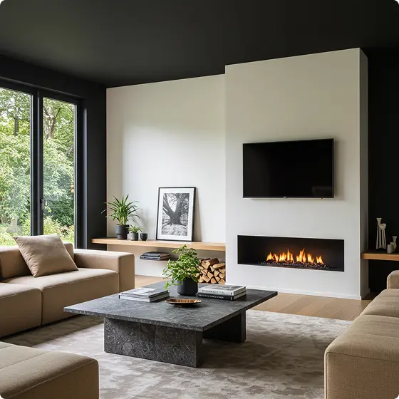 A minimalist living room featuring a long linear fireplace and a TV on a white feature wall.