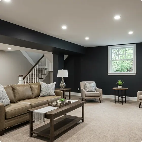 A modern finished basement with dark walls, a brown leather sofa, and cozy lighting.